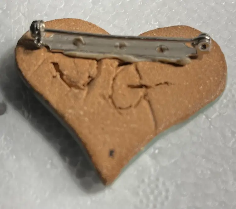 Signed Glazed Pottery Heart Broach