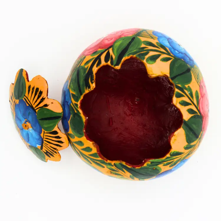 Vintage Mexican Hand Painted Gourd Trinket Box Floral Folk Art Calabash Decor