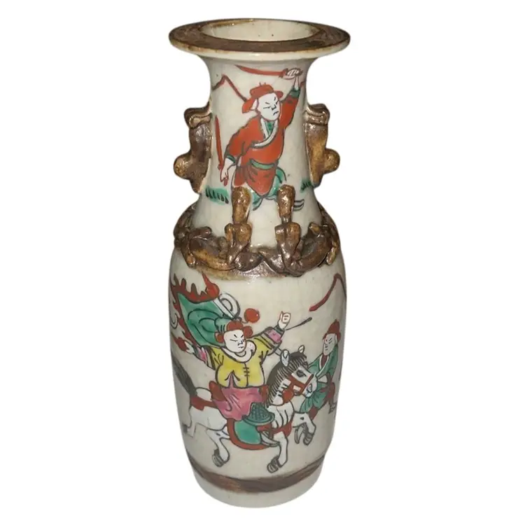 ANTIQUE CHINESE PORCELAIN VASE FOO DOG HANDLES, DRAGONS,WARRIOR ON HORSE