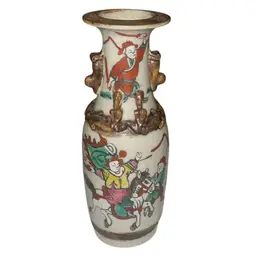 #01 - ANTIQUE CHINESE PORCELAIN VASE FOO DOG HANDLES, DRAGONS,WARRIOR ON HORSE