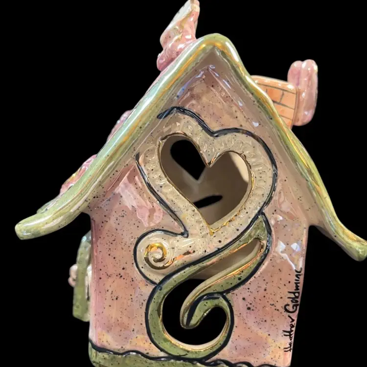 #01 2002- Blue Sky Corp-Clayworks by Heather Goldminc-Signed & Stamped. " LOVE" Lusterware Cottage-Colorful, Quaint & Whimsical! Lot 35