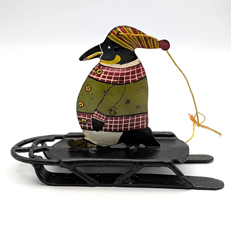 Foreside Primitive Metal Penguin Riding Sled Toboggan Sweater Whimsical Hanging
