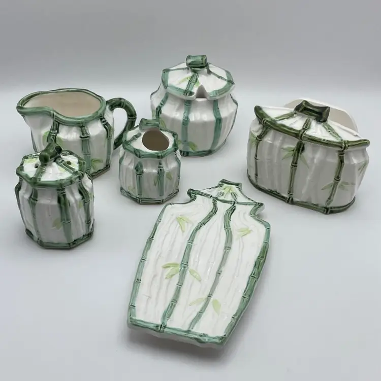 Vintage Enesco, Japanese, Green/White Bamboo Motif, Ceramic Table Serving Set