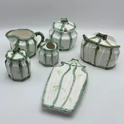 Vintage Enesco, Japanese, Green/White Bamboo Motif, Ceramic Table Serving Set
