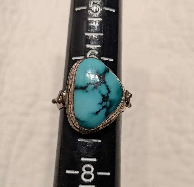 Vintage Sterling Silver Ring With Turquoise Stone with Dark Veining, Size 7.25
