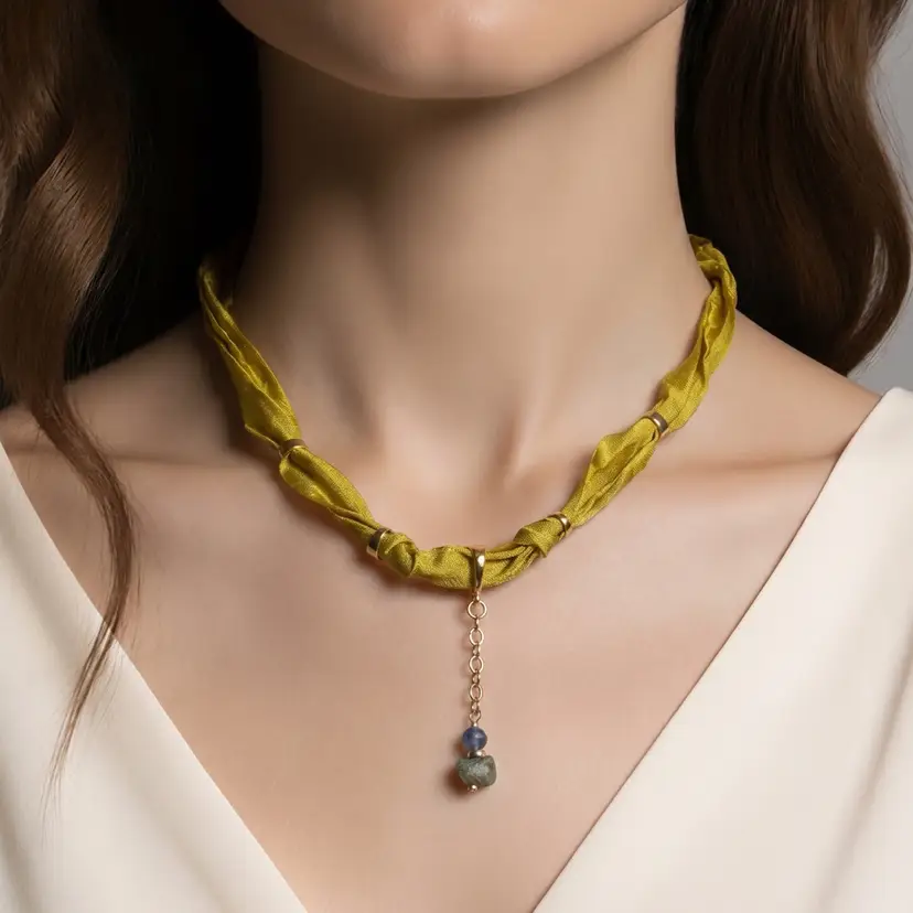 Silk Knot Choker Necklace With Gold Drop Chain And Charm Gemstones