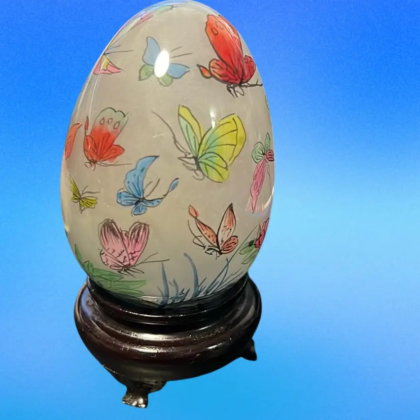 Glass Egg Butterflies And Wood Stand Easter Spring