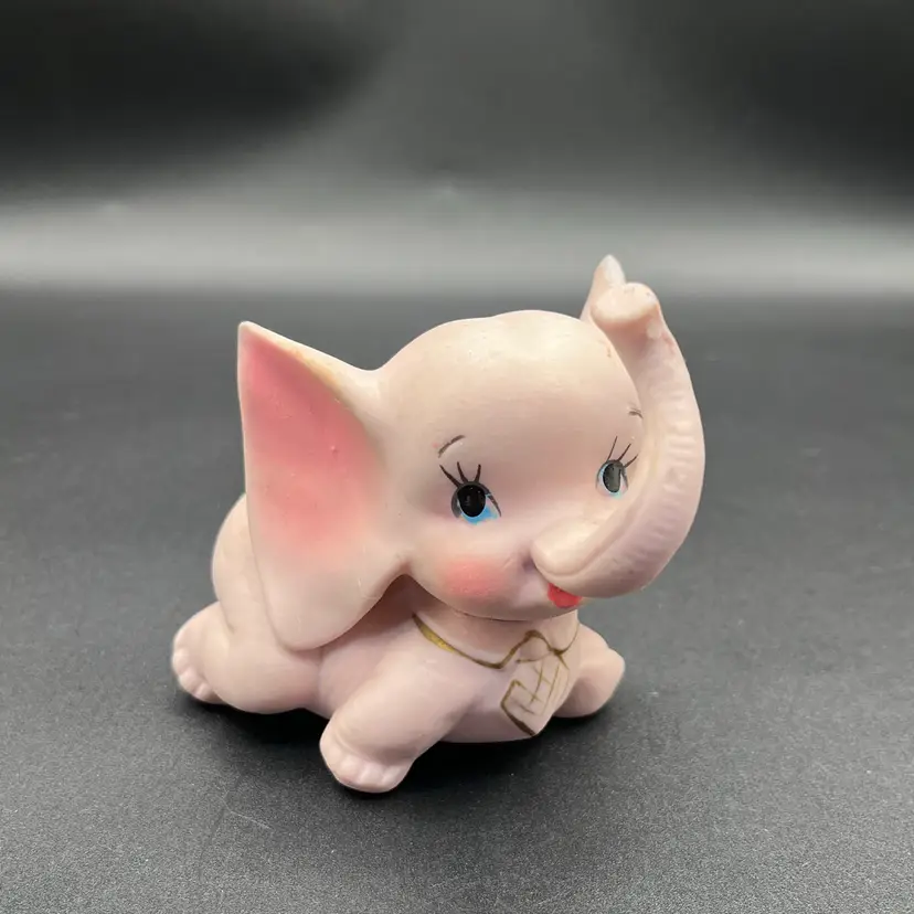 #29 Kelvins Japanese Pink Bisque Porcelain Trunk Up Baby Elephant Figurine 3.75” 🐘