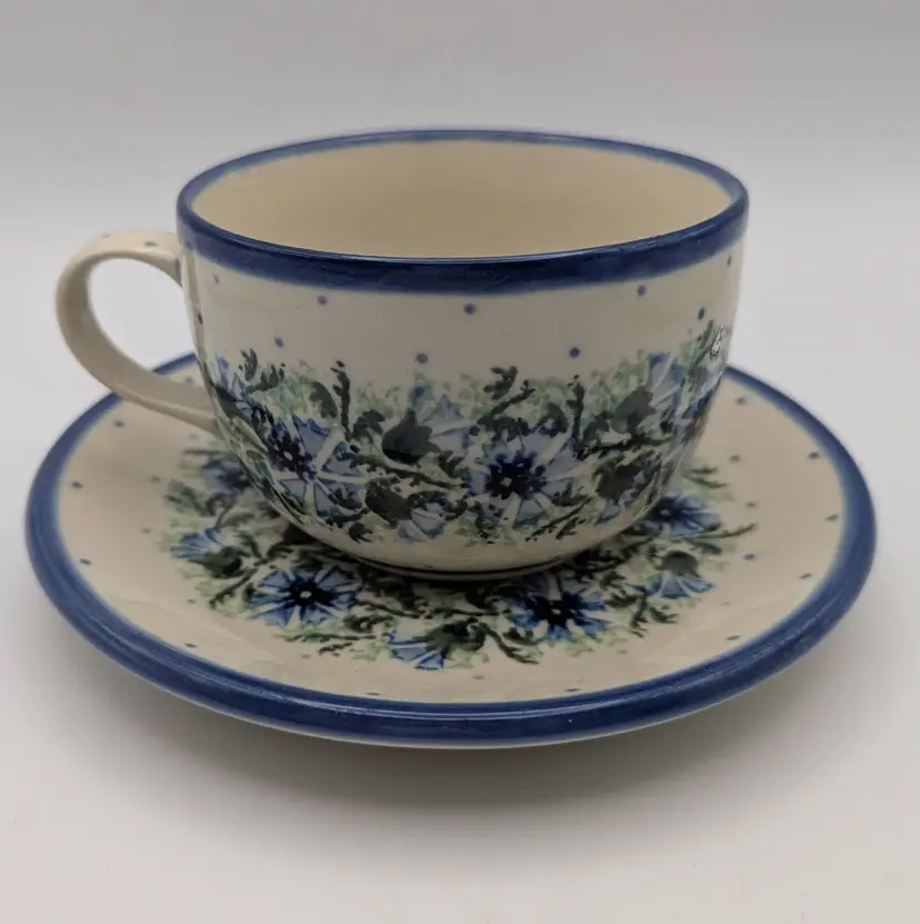 Ceramika Artystyczna Bolesławiec  Ceramics- Cornflower Cup and Saucer