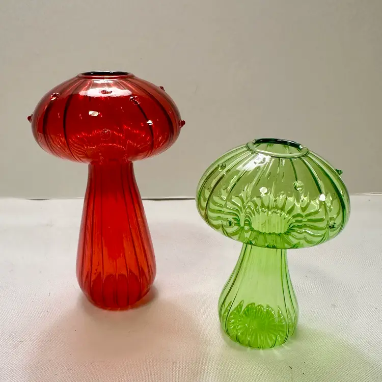 Glass Mushroom Propagation Vases, Flower Vase Cottagecore Room Green & Red