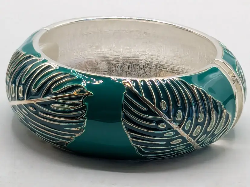 Sequin Bangle Teal Enamel Leaf Design Clamper Bracelet NWOT