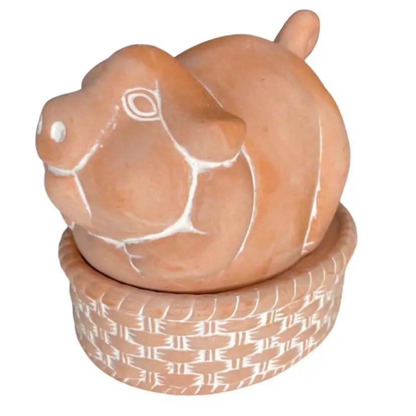 Vintage Terra Cotta Pig On Basket Ceramic Container Trinket Dish Cache Stash Jar