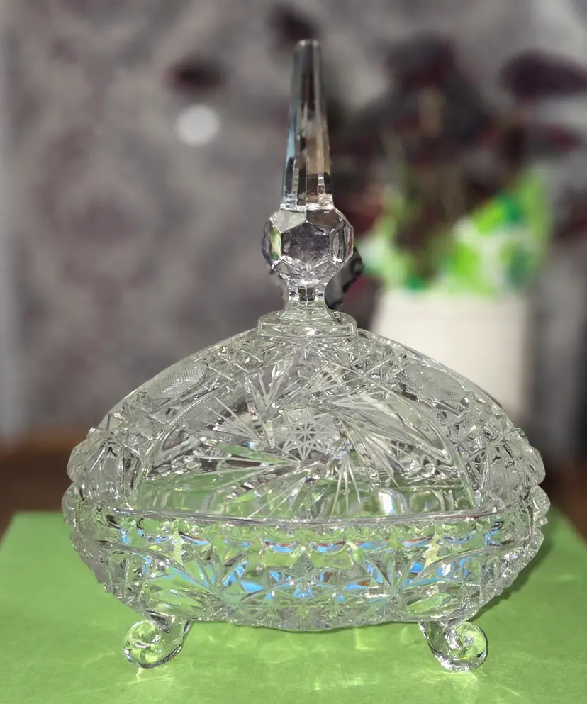 Czech Bohemi Pinwheel star of David Cut Glass footed Candy Dish