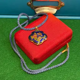 Cloisonné Pillow Bead Pendant Butterfly & Flowers Blue Background & Braided Satin Cord