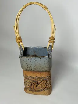 Studio Pottery Vessel Swans Reed Handle Signed