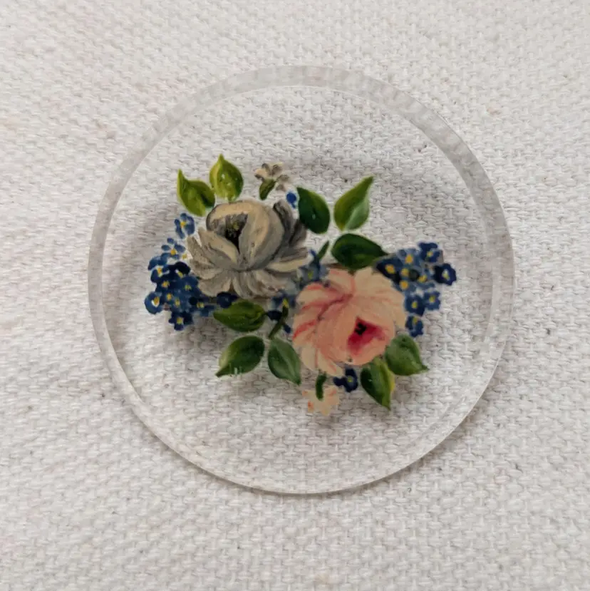 Vintage Painted Floral Bouquet Spray on Clear Brooch Pin
