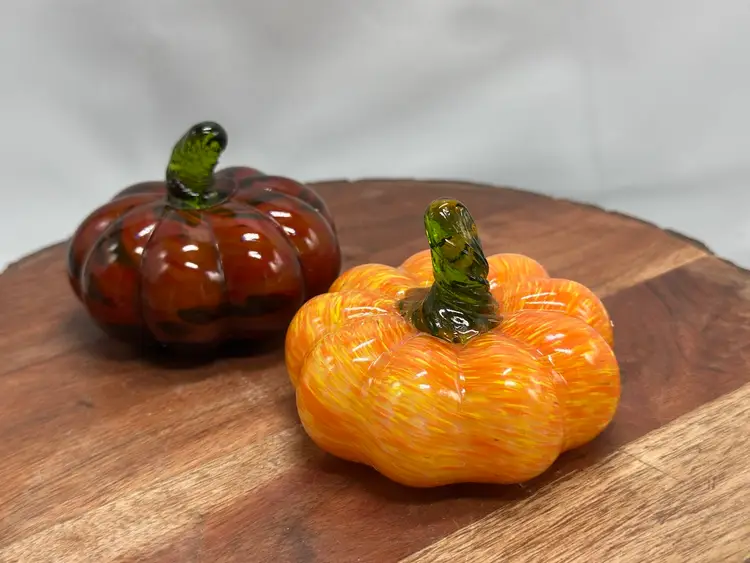 Art Glass Pumpkins Small Fall Harvest Paperweights Lot Of 2