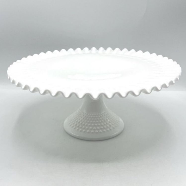 FENTON White Milk Glass Hobnail Cake Plate Stand Ruffled 12.5" x 5.5"  *READ