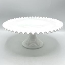 FENTON White Milk Glass Hobnail Cake Plate Stand Ruffled 12.5" x 5.5"  *READ