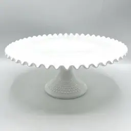 FENTON White Milk Glass Hobnail Cake Plate Stand Ruffled 12.5" x 5.5" *READ