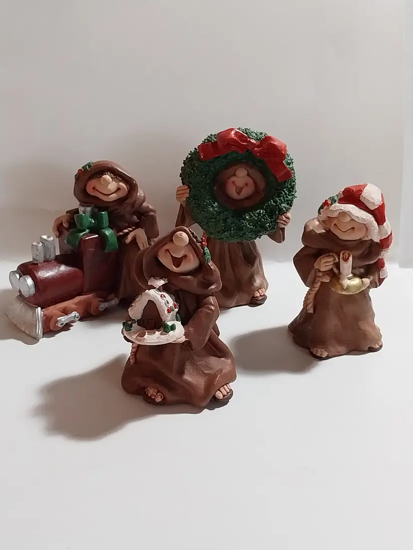 Vintage Rare Set of 4 Friar Folk Christmas Collection Ceramic Figurines By Maureen Carlson, c. 1999