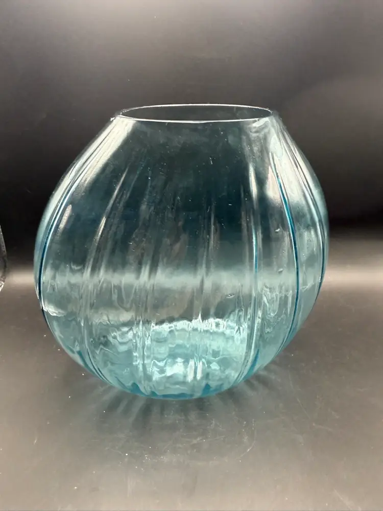 Vintage MCM Hand-Blown Aqua Ribbed Glass Vase