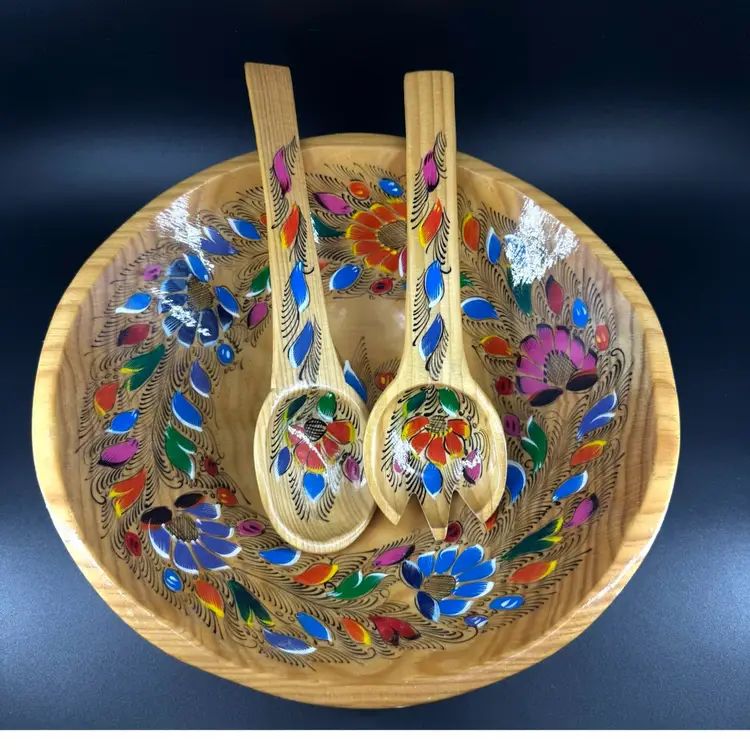 Hand Painted Colorful Floral Wooden Salad Bowl With Spoons Mexico