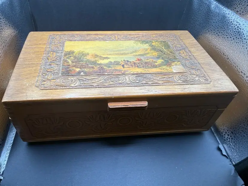 Wooden Box With Carved Detail And Picture 10”x 4”