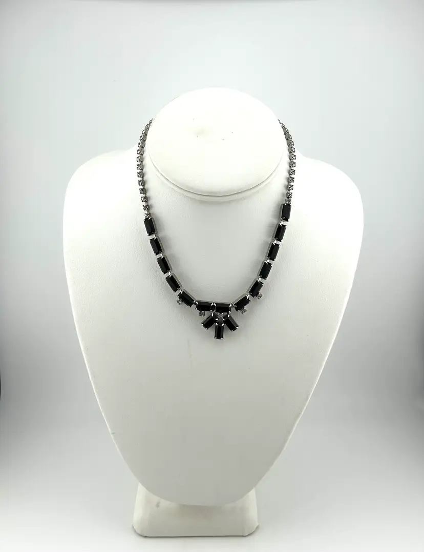 Vintage Silver Tone Clear and Black Rhinestone Necklace 12.5β