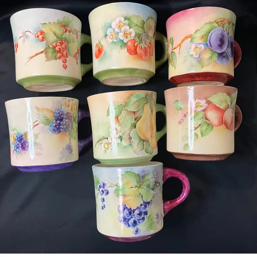Set of 7 Vintage Hand-Painted Artist Signed 1965 Fruit Pattern Multi Colored Coffee Mugs USA