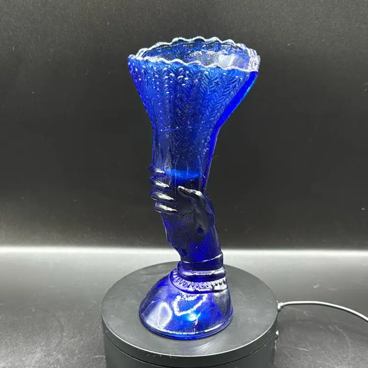 Antique Cobalt Hand And Wheat Vase 7 3/4” No Noted Flaws