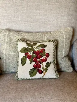 Vintage Needlepoint Cherries Pillow