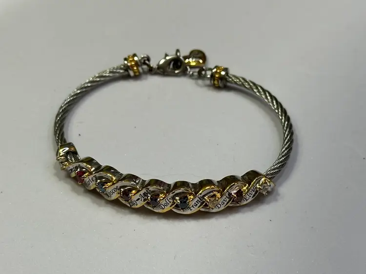 "Family Is Forever" personalized birthstone Cable bracelet from The Bradford Exchange, featuring sterling silver and 18K gold-plated accents, and customized with names and crystal birthstones