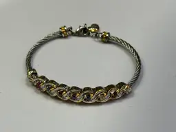 "Family Is Forever" personalized birthstone Cable bracelet from The Bradford Exchange, featuring sterling silver and 18K gold-plated accents, and customized with names and crystal birthstones