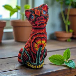 Huichol Beaded Cat Figurine Handmade Mexican Folk Art Kitty Kitten Sculpture