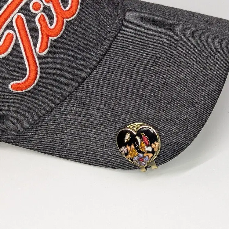 Vintage Cloisonné Butterfly Heart Shaped Golf Ball Marker with Magnetic Hat Clip