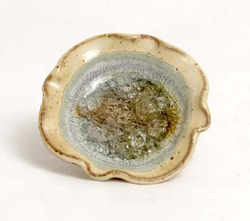 Art Pottery Trinket Dish Crystalline Silica Center Ruffled Edge