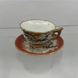 VTG Dragon Ware Mini Cup & Saucer Orange Gold Rimmed 1.5 X 2.5”