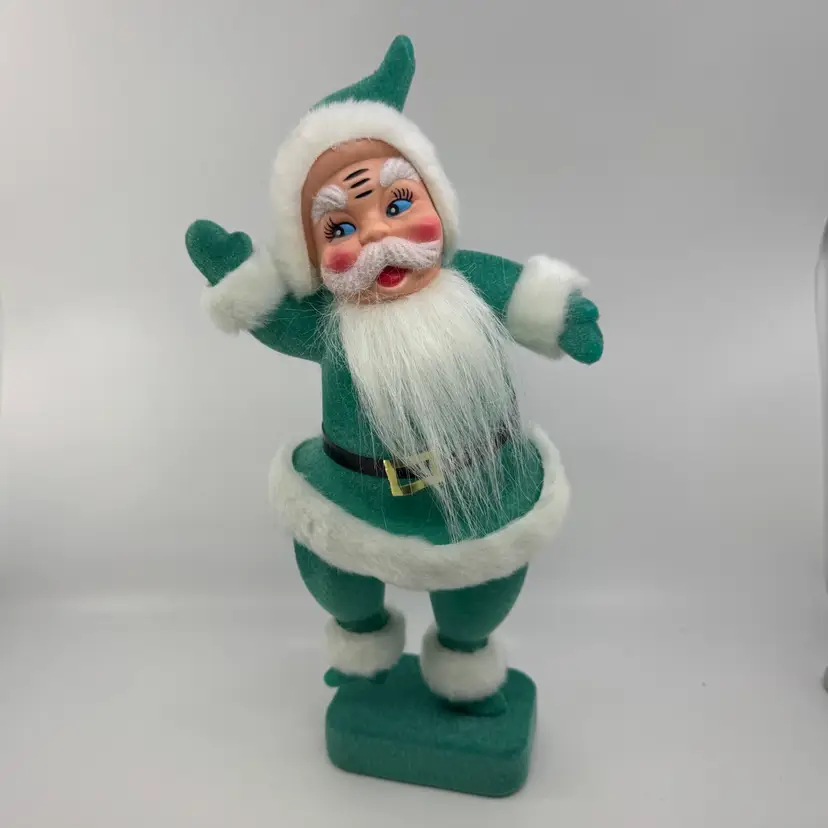 Teal Flocked Dancing Santa Figurine Rare Aqua Blue Green Japan Style 14.5”x7.5”