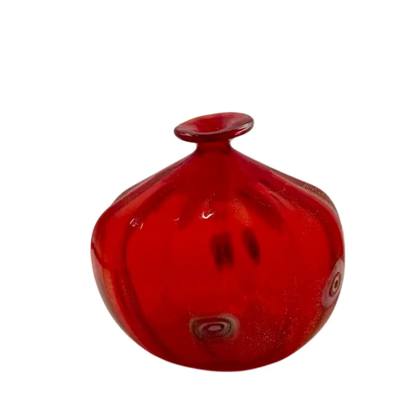 Bud Vase Bright Red Hand Blown Ribbed Design with Millefiori & Gold Flecks
3-3/4” T x  3-3/4” W