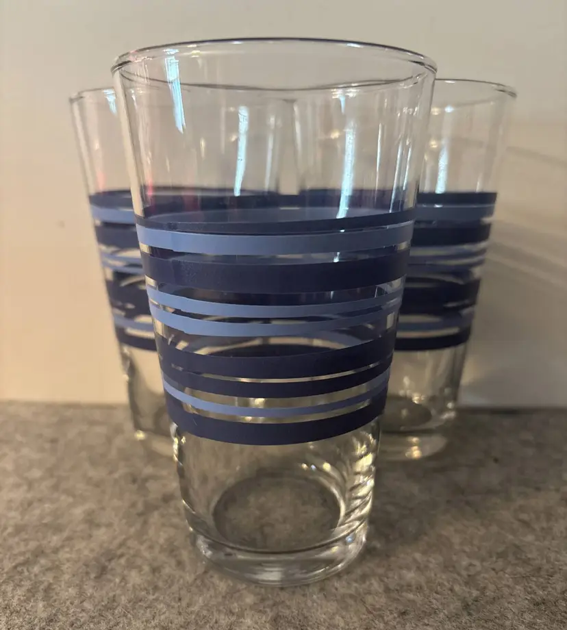 3 Vintage Libbey Blue Striped 6" Tumblers  # 2896