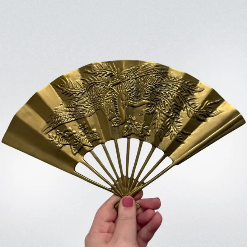 Vintage Solid Brass Phoenix/Dragon Fan Wall Decor