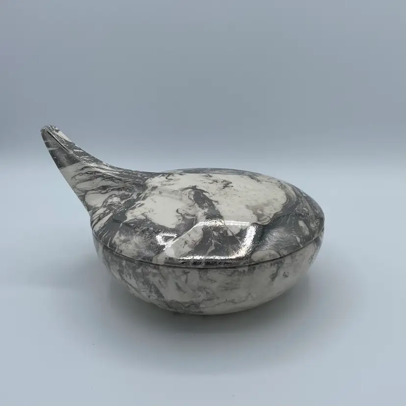 Santa Anita Ware gray marbleized finish ceramic dish with lid, 1950s