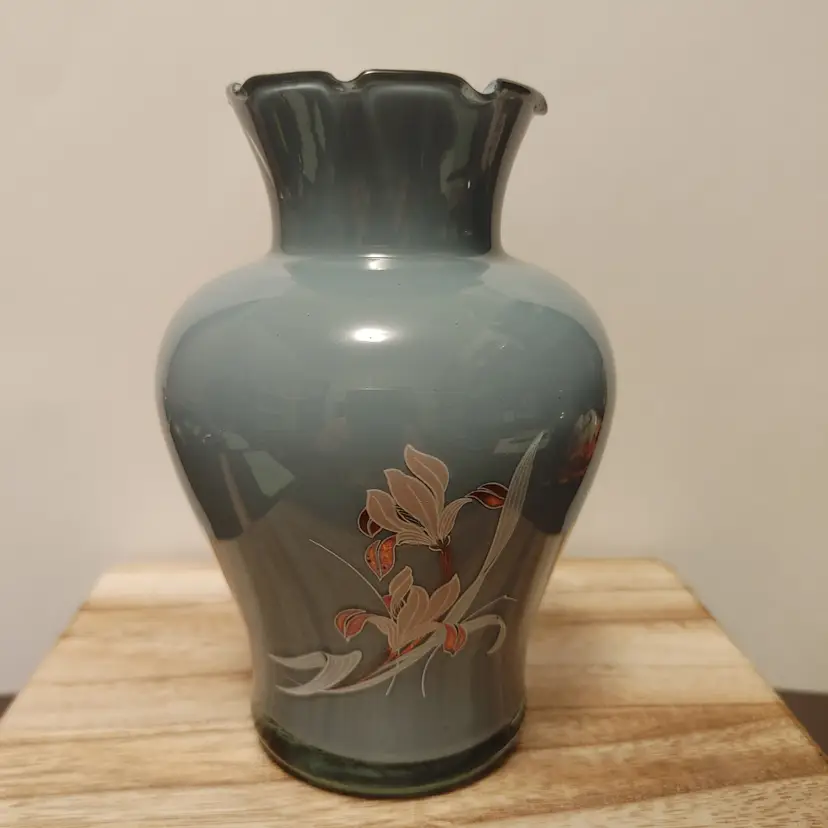 Blue flower glass vase. Reverse painted. Made in Mexico. No chips or cracks.