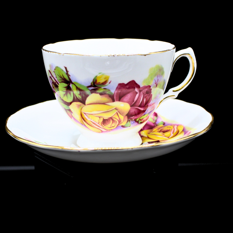 Vintage Royal Kent Teacup Saucer Set Made in England Rose Pattern 8263 Gold Trim