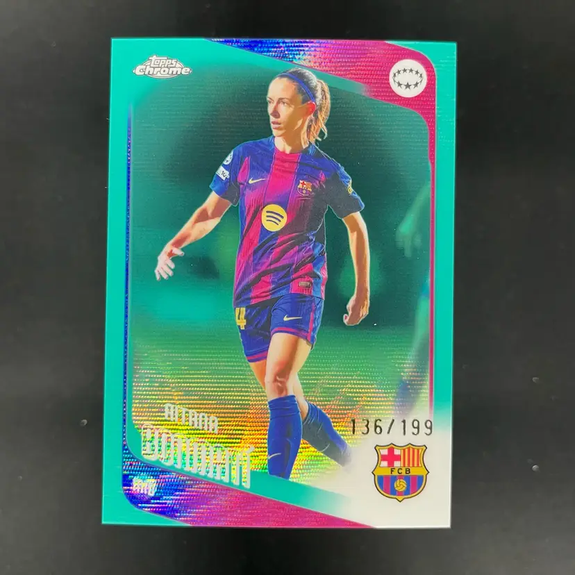Aitana Bonmati 2025/26 Topps Chrome UWCL Aqua Wave /199 Barcelona Soccer Card