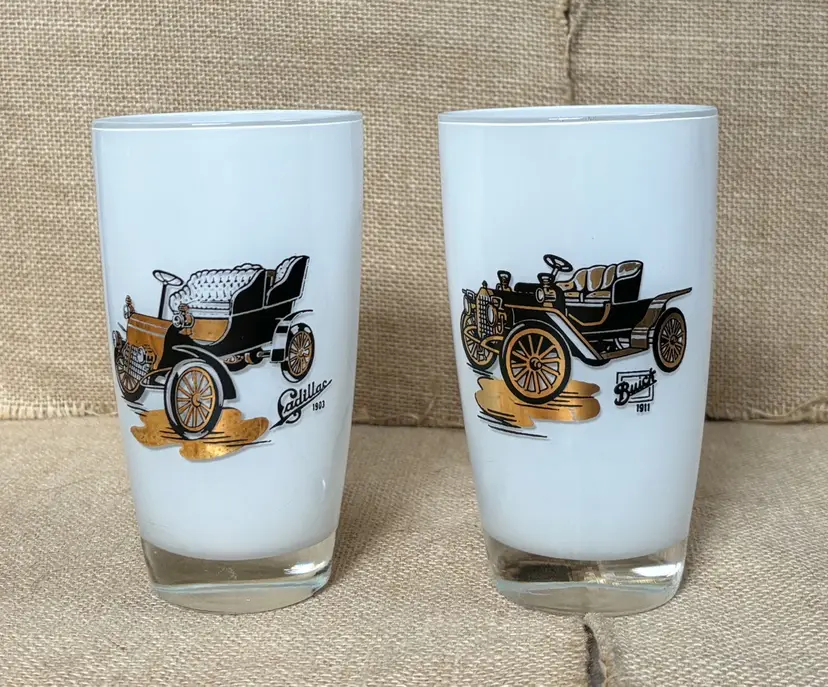 Vintage Old Car Milk Glass Tumbler Set Buick Cadillac MCM Nostalgia Core Retro