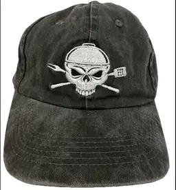 Kurvball Barbecue Whiskey Skull Logo Black Distressed Denim Adjustable Hat NWOT