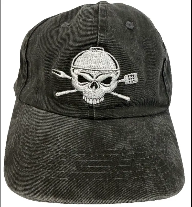 Kurvball Barbecue Whiskey Skull Logo Black Distressed Denim Adjustable Hat NWOT
