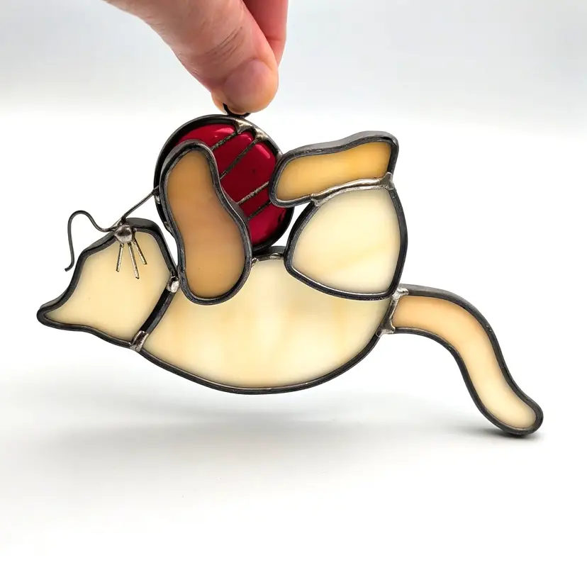 Cat Kitten Playing With Red Ball Of Yarn Stained Glass Sun Catcher 5.75"